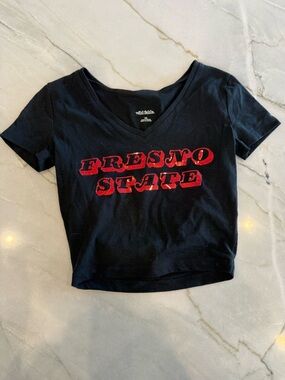 Fresno State Black V-Neck Crop Tee with Red Graphic